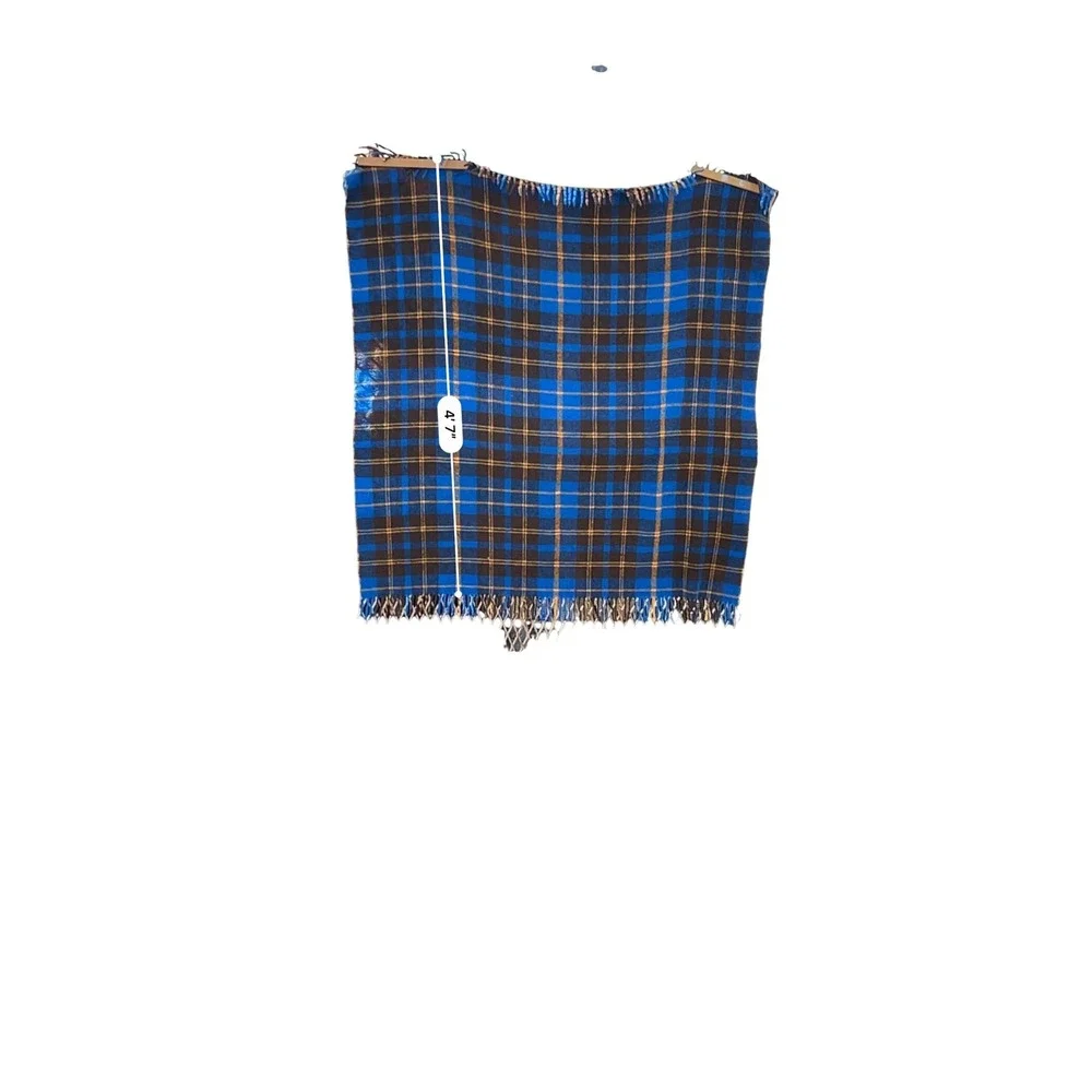 Pair VTG Wool Irish Tartan‎ Plaid Throw Camp Blankets Blue Fringe Cabin Boy Bunk